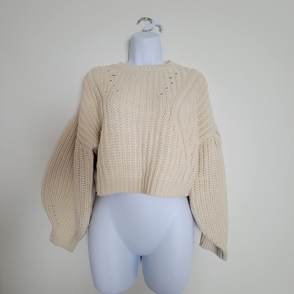 Topshop Cream Pointelle Knit Sweater Small Balloon Sleeve Chunky Pullover NWT - Picture 5 of 13